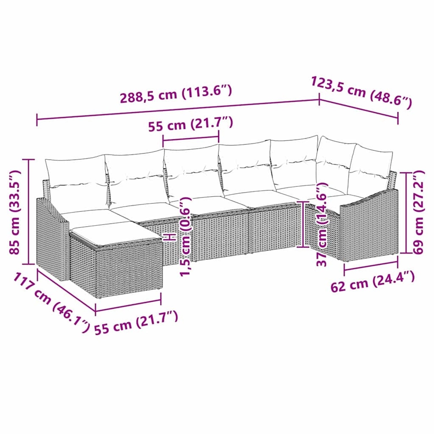 vidaXL Garten-Sofa-Set, 7-teilig, hellgraues Poly Rattan, mit Maßangaben.