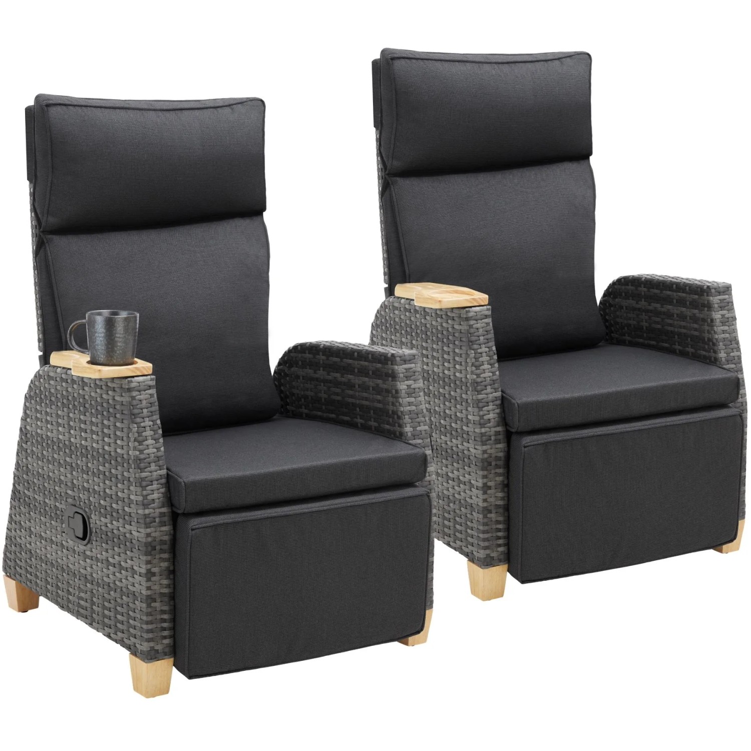 Tectake Aluminium Rattansessel Pescara Wetterfest und Uv Beständig Verstellbare Rückenlehne und Fußablage 2Er Set 128 x 68 50 x 104 cm Grau