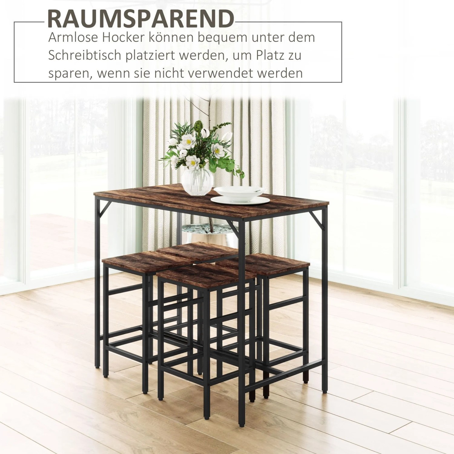 HOMCOM Bartisch-Set mit 4 Barhockern, rustikal-braune Holzoptik, schwarzes Stahlgestell, platzsparend verstaut.