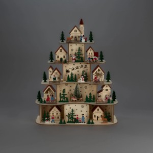 Konstsmide Holzsilhouette Weihnachtsdorf mit 5 beleuchteten Ebenen, Häusern, Figuren und Bäumen für festliche Innendekoration.