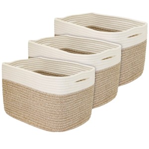 HMF 39010-37CM-80 Aufbewahrungskorb Versteckten Griffen 3er Set Korb Baumwolle 37 x 25 x 22 cm Weiß-Braun
