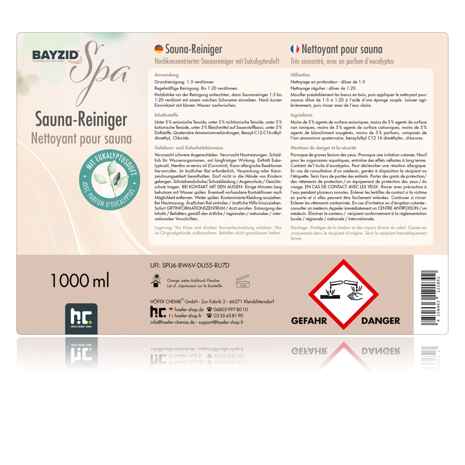 Bayzid Saunareiniger 1l mit Eukalyptusduft, hochkonzentriertes Reinigungsmittel für die Sauna.