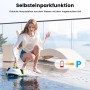 Frau bedient EVERCROSS BOT Y10 Poolroboter (weiß) am Poolrand mit Seil zur einfachen Entnahme.