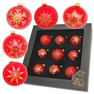 9 rote Krebs Glas Lauscha Weihnachtskugeln (8cm) mit goldenen Schneeflocken im Set.