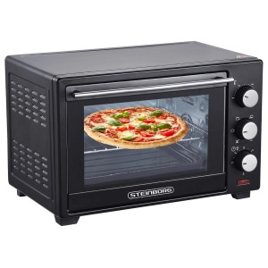 Schwarzer Steinborg Minibackofen SB-3002 mit Pizza im Garraum, 25 Liter, 1600 Watt.