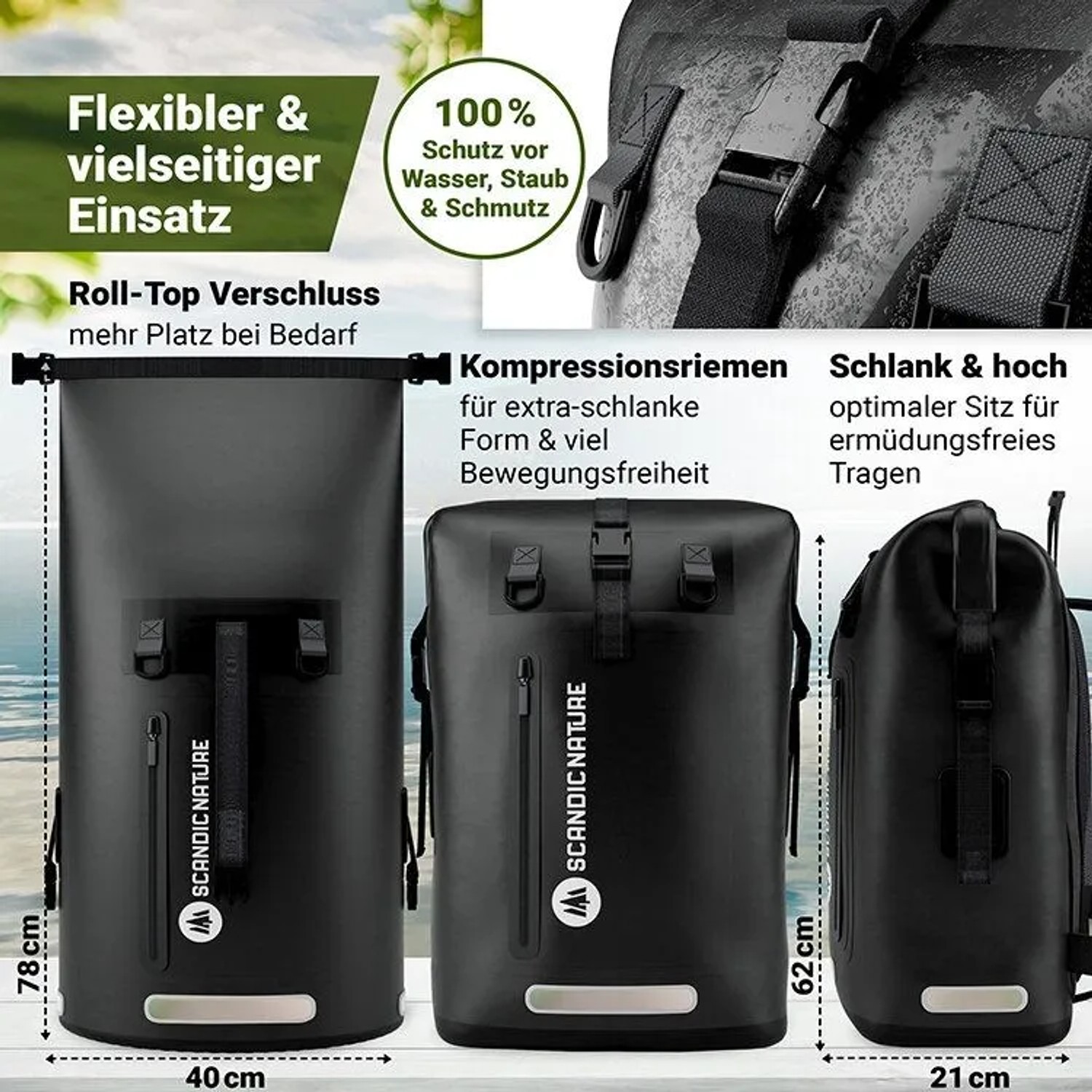 Schwarzer, wasserdichter SCANDIC NATURE Rucksack Pioneer 55L für Outdoor, Trekking und Reisen.