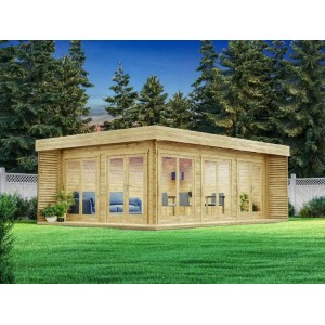 Unbehandeltes Alpholz Gartenhaus Viva B mit Flachdach und großen Fensterfronten.