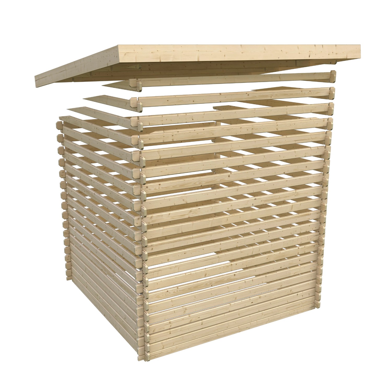 Karibu Gartenhaus Dortmund Solo im Aufbau: Holzbohlen und Pultdachkonstruktion.