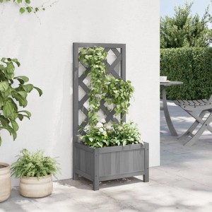 Grauer vidaXL Pflanzkübel mit Spalier aus Tannenholz für Kletterpflanzen im Garten.