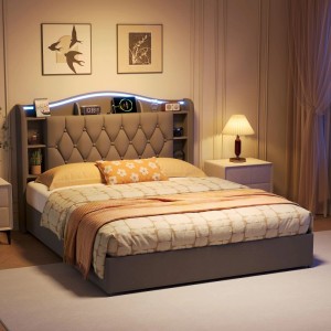 PXloue Doppelbett 140x200 cm Jugendbett mit Stauraum LED & USB Ladestation Grau