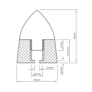 Technische Zeichnung Dynavox Lautsprecher Spikes, Bullet Form, Maße: 30x20mm, Bohrung 4,3mm, für Möbel.