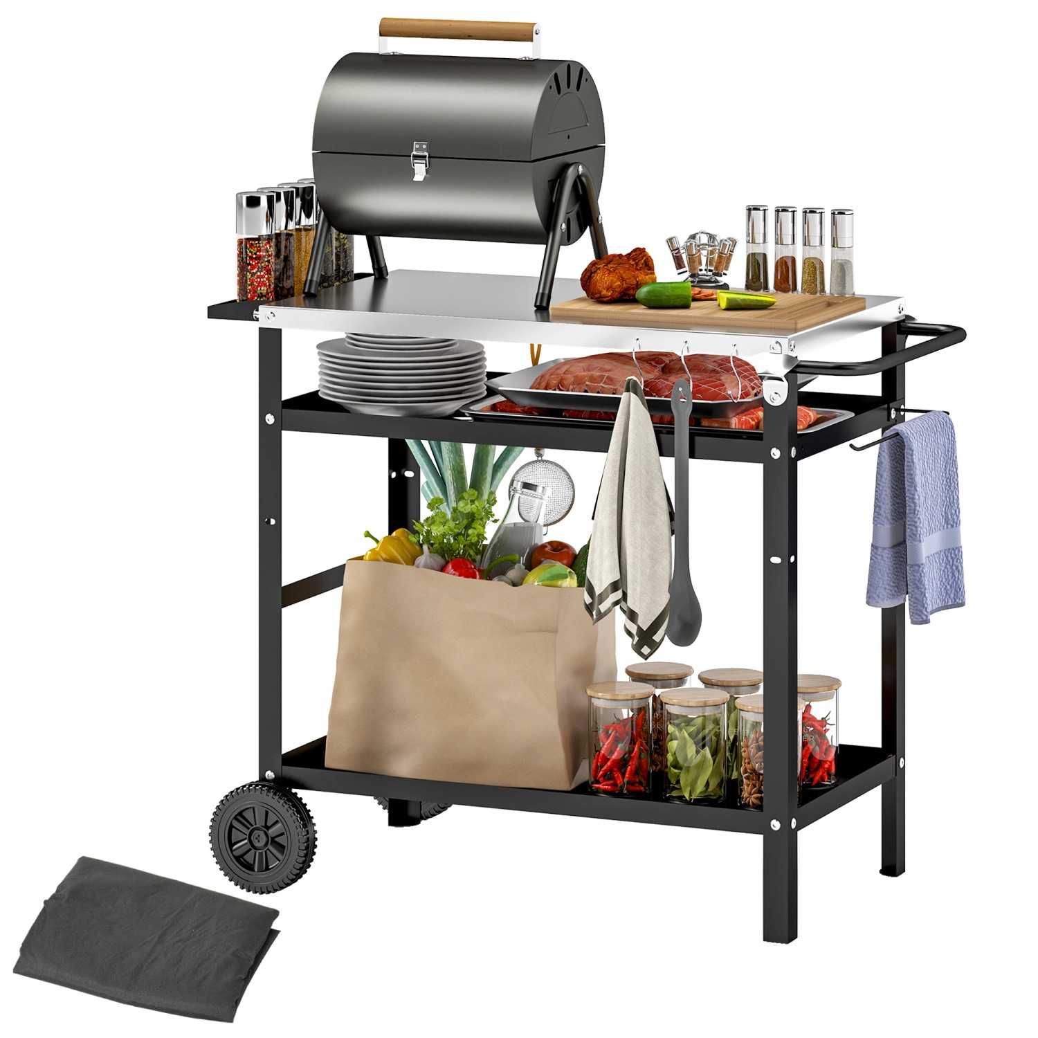 Outsunny Grillwagen Metall Edelstahl Schwarz 100cm x 52cm x 80cm