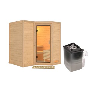 Woodfeeling Sauna Steena 1 mit Ofen, integrierter Steuerung und Glastür. Massivholzsauna für entspannte Stunden.