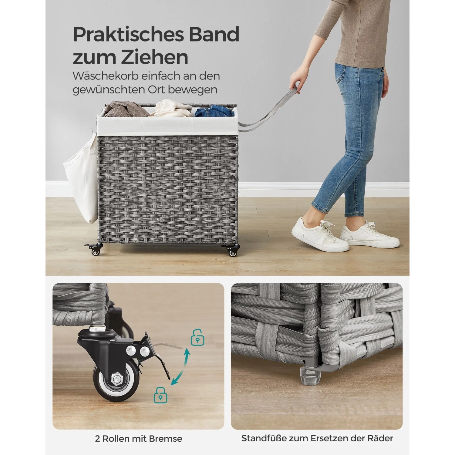 Grauer Songmics Wäschekorb mit Deckel, 140 l, mit Rollen und Zugband.