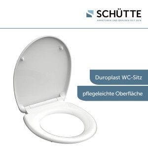 Weißer Schütte WC-Sitz aus Duroplast mit Absenkautomatik und Schnellverschluss.