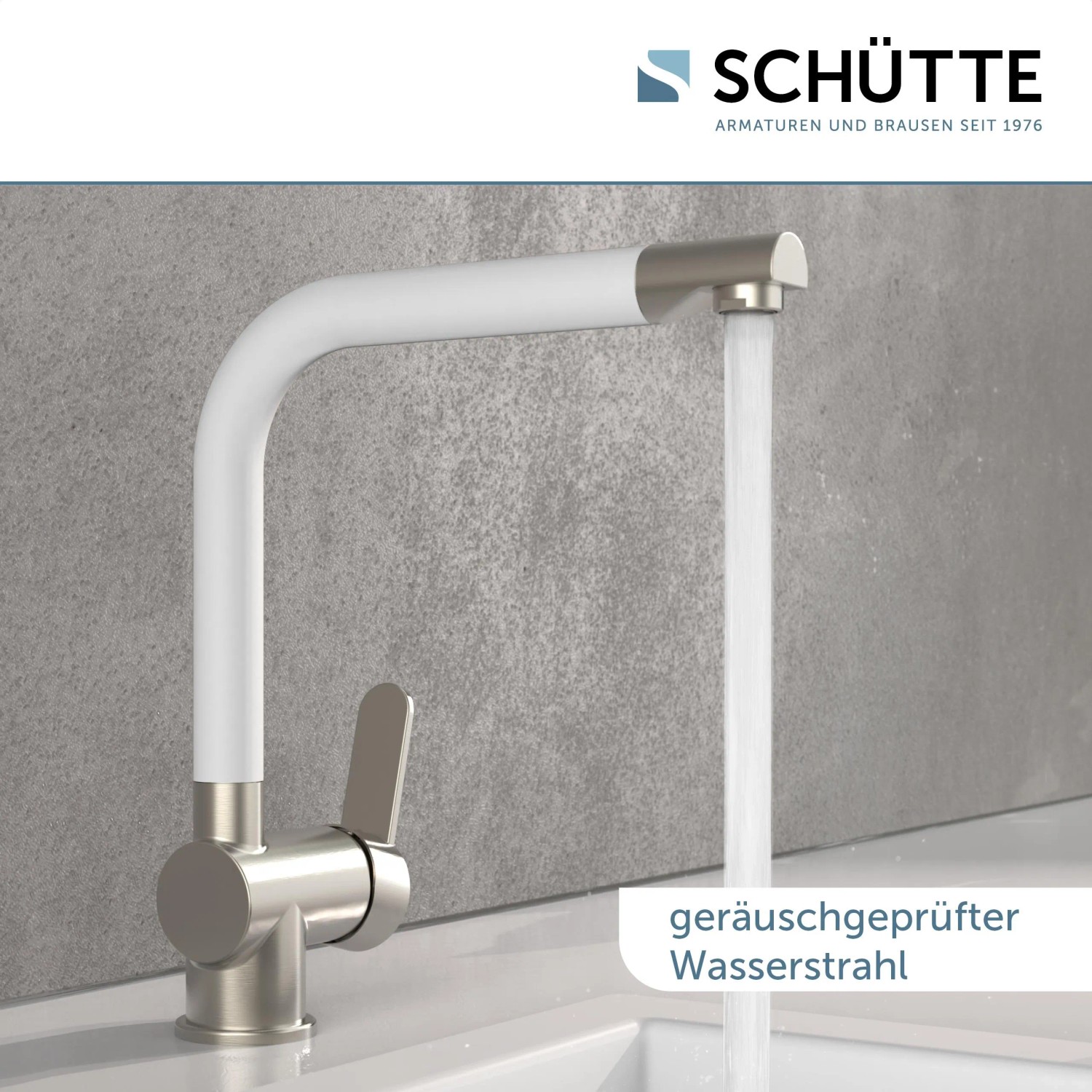 Schütte Küchenarmatur Rio in Edelstahloptik-Weiß mit Wasserstrahl. Einhebelmischer mit hohem Auslauf.