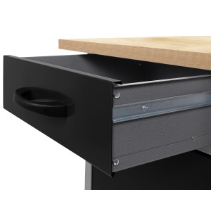 Detailaufnahme: Ausgezogene Schublade der Ondis24 Werkbank Wolle mit Buchenholzplatte.