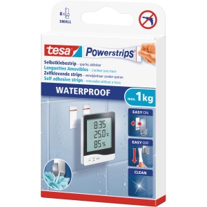 Tesa Selbstklebehaken Waterproof mit 8 Powerstrips Small, geeignet für Feuchträume, Packung.