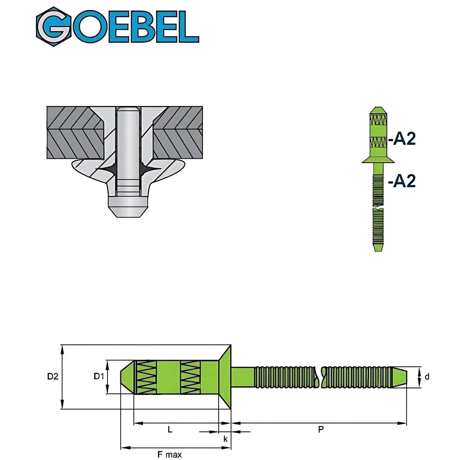 Abbildung einer GOEBEL 500 Edelstahl A2 Blindniete 4,0 x 10,0 mm mit Senkkopf. Detailzeichnung.