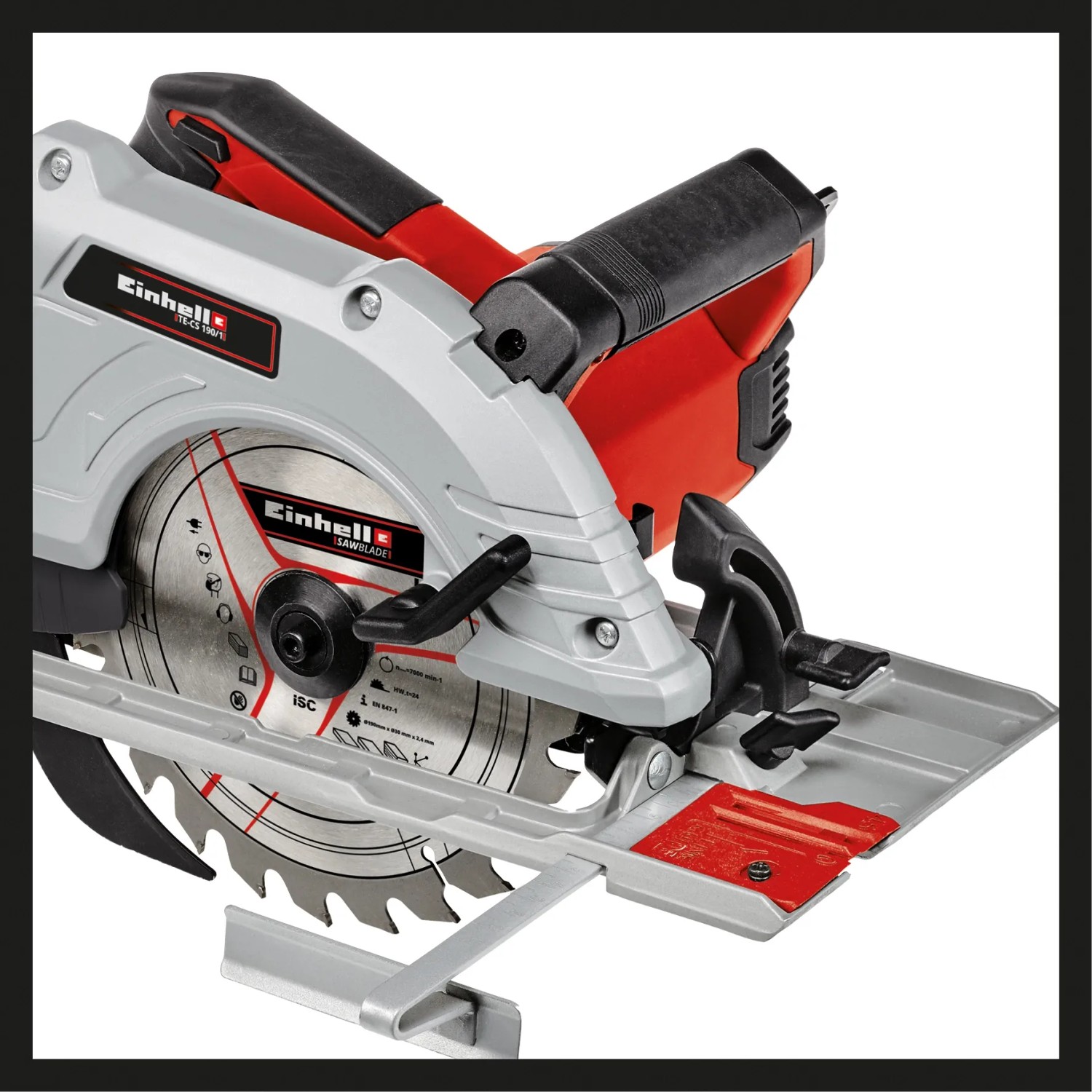 Einhell Handkreissäge TE-CS 190/1, rot/grau, mit Sägeblatt und Parallelanschlag.