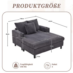 Graues Corduroy Sofa Relaxsessel mit Maßen 142x128x85cm, 350kg Tragfähigkeit und Getränkehaltern.