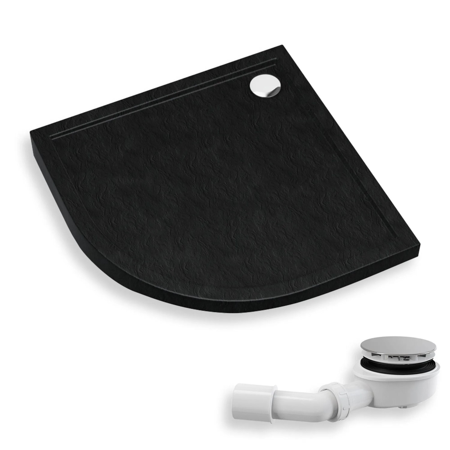 KOLMAN DUSCHWANNE Viertelkreis Schwarz Steinoptik 90x90 cm Set mit Ablaufgarnitur