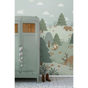ESTAhome Fototapete Wald mit Tieren, 200x279cm, grüne Vliestapete für Kinderzimmer.