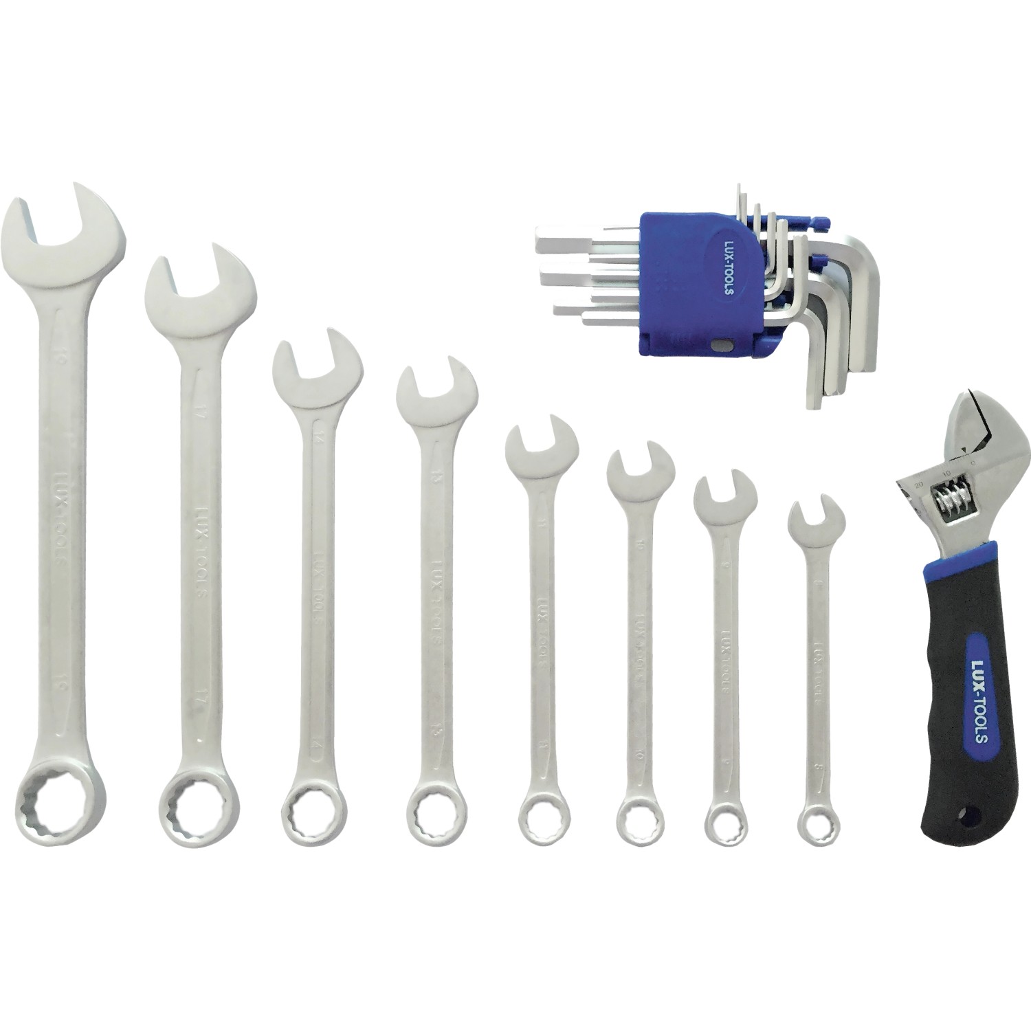 LUX Werkzeugkoffer: Schraubenschlüssel, Inbusschlüssel und verstellbarer Schraubenschlüssel.