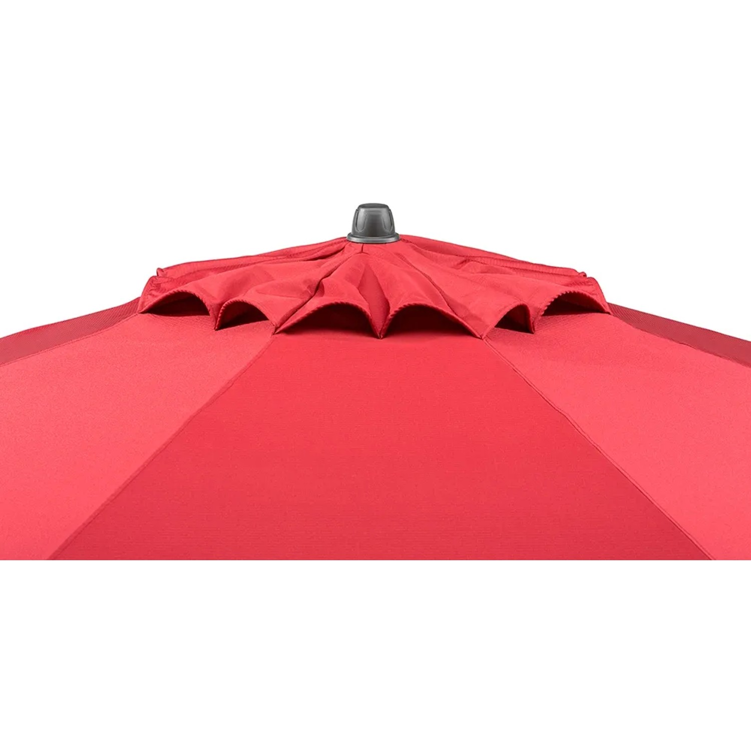 Detailaufnahme: Dunkelroter Schneider Marktschirm Gemini Ø 360 cm mit Kurbelmechanik.