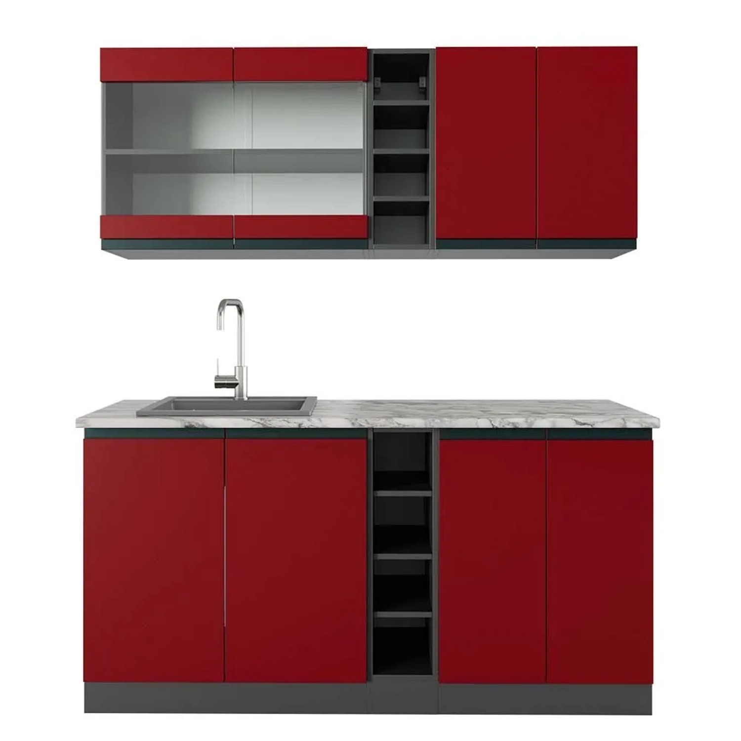 Vicco R-Line Singleküche Rot Anthrazit 160 cm AP Marmor ohne E-Geräte