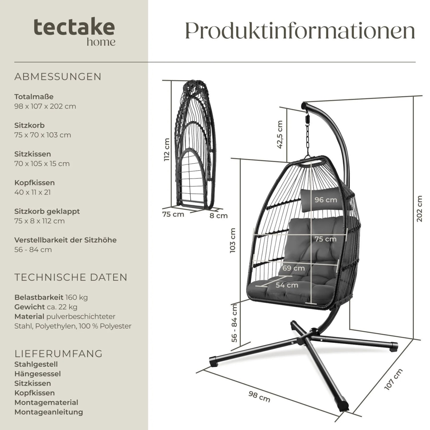 Tectake Hängesessel Ariane Mit Extra Dickem Sitz  und Kopfkissen Stabil  Bodenschonend und Faltbar  107 x 98 x 202 cm Dunkelgrau_6