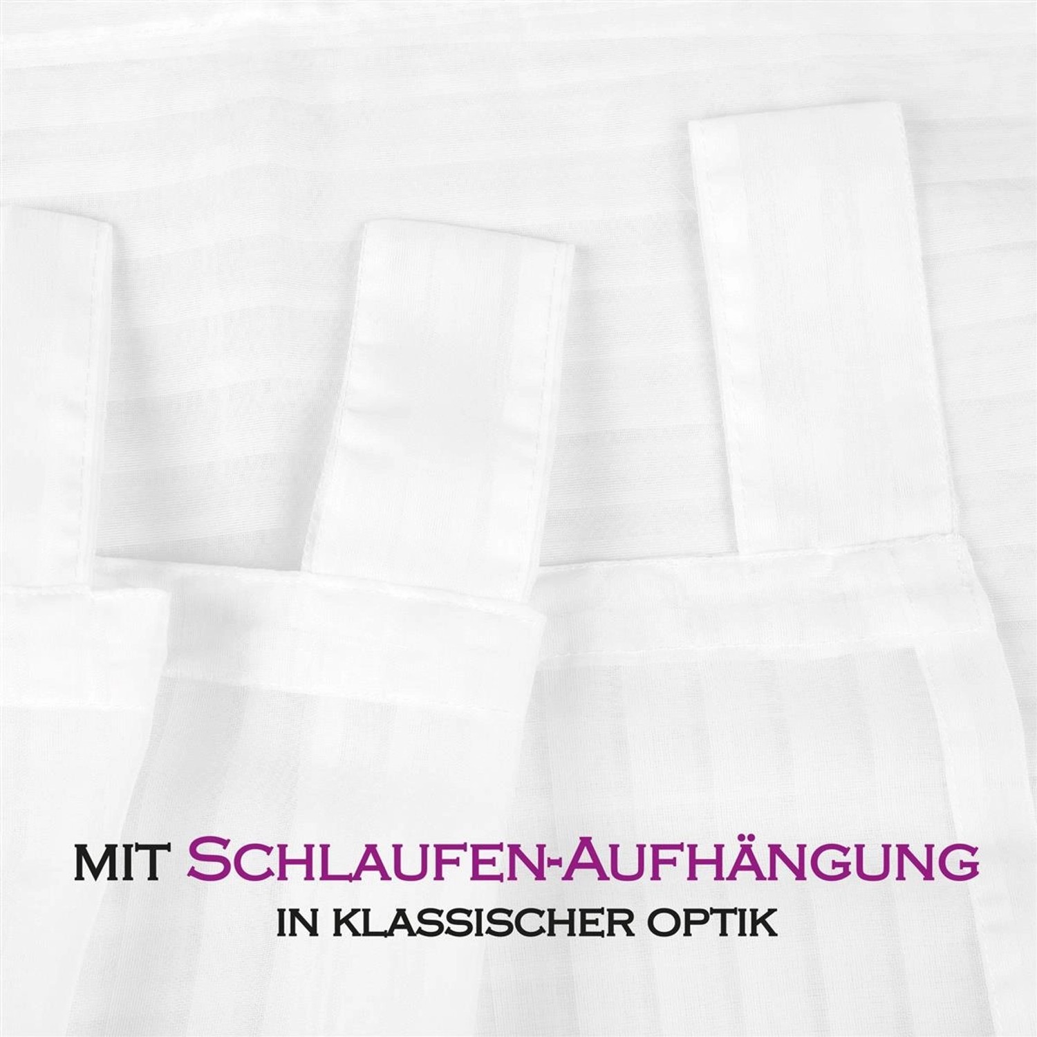 Weiße Arsvita Gardine Lisa mit Schlaufenaufhängung, Detailansicht.