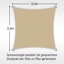 Quadratisches, sandfarbenes Toldoro Sonnensegel 3,6x3,6m aus HDPE-Gewebe mit UV-Schutz.