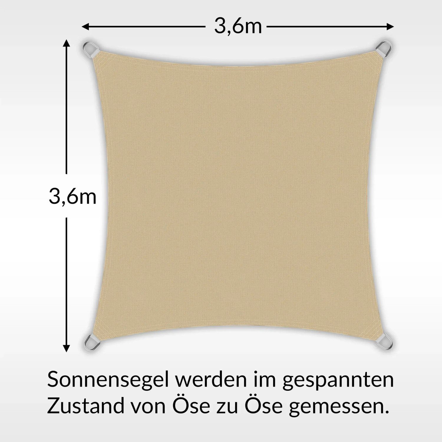 Quadratisches, sandfarbenes Toldoro Sonnensegel 3,6x3,6m aus HDPE-Gewebe mit UV-Schutz.