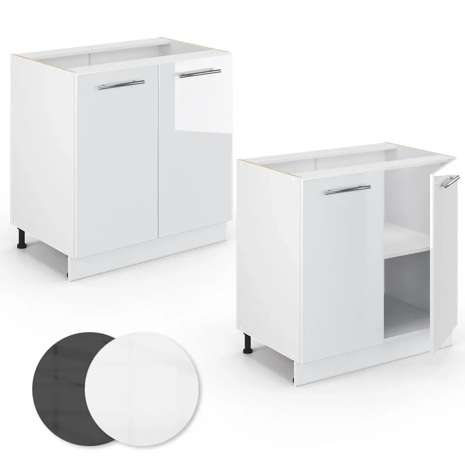 Vicco Spülenunterschrank Fame-Line, weiß hochglanz, 80 cm breit, mit Regal, ohne Arbeitsplatte.