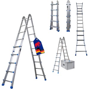 PROREGAL Sprossen-Mehrzweckleiter APOLLO 3-In-1 Aluminiumleiter 4x5 Sprossen Bis Zu 5 M Höhe 150 kg Traglast Silber Klappleiter Stehleiter
