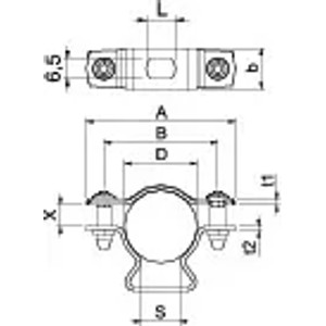 Maßzeichnung einer OBO Bettermann Abstandschelle mit Langloch, 20-25mm, für Elektroinstallation.