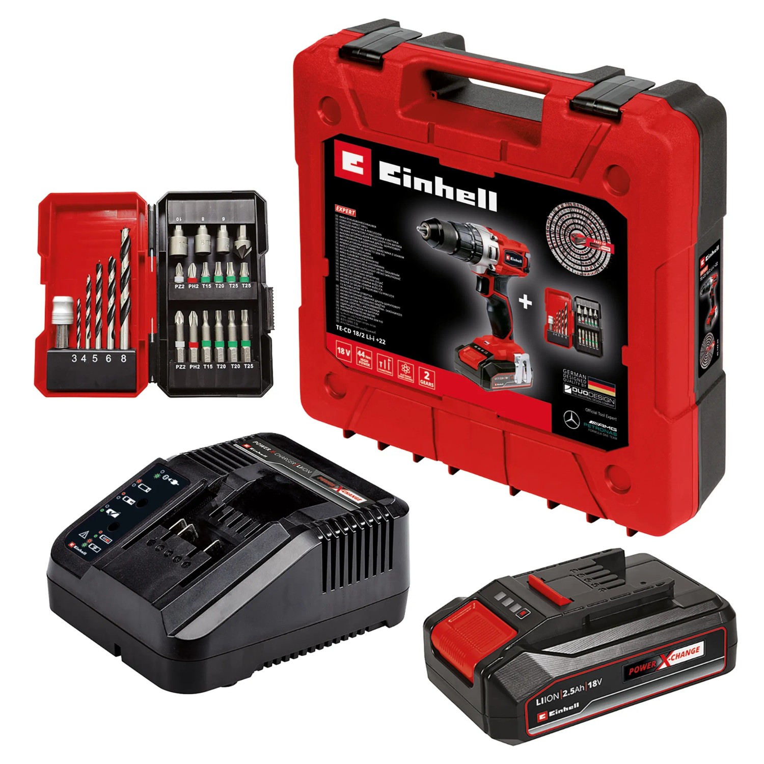 Einhell Akku-Schlagbohrschrauber TE-CD 18/2 Li-I Set mit Akku, Ladegerät, Bohrer- und Bit-Set im Koffer.