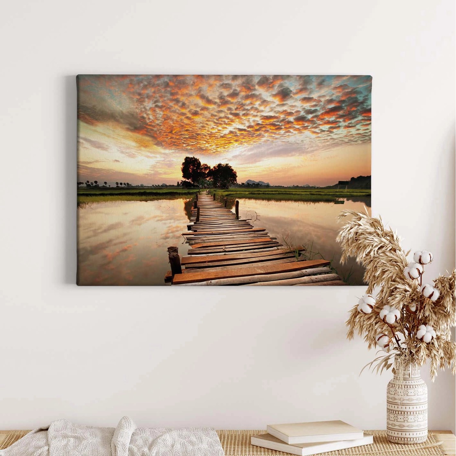 Bricoflor Leinwand Bild Mit Steg Am See Sonnenuntergang Leinwandbild In Pastellfarben Landschaft Wandbild In Abendstimmu