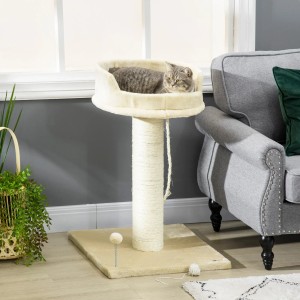 Beiger PawHut Kratzbaum (85 cm) mit Liegefläche und Spielball. Katze liegt entspannt oben.