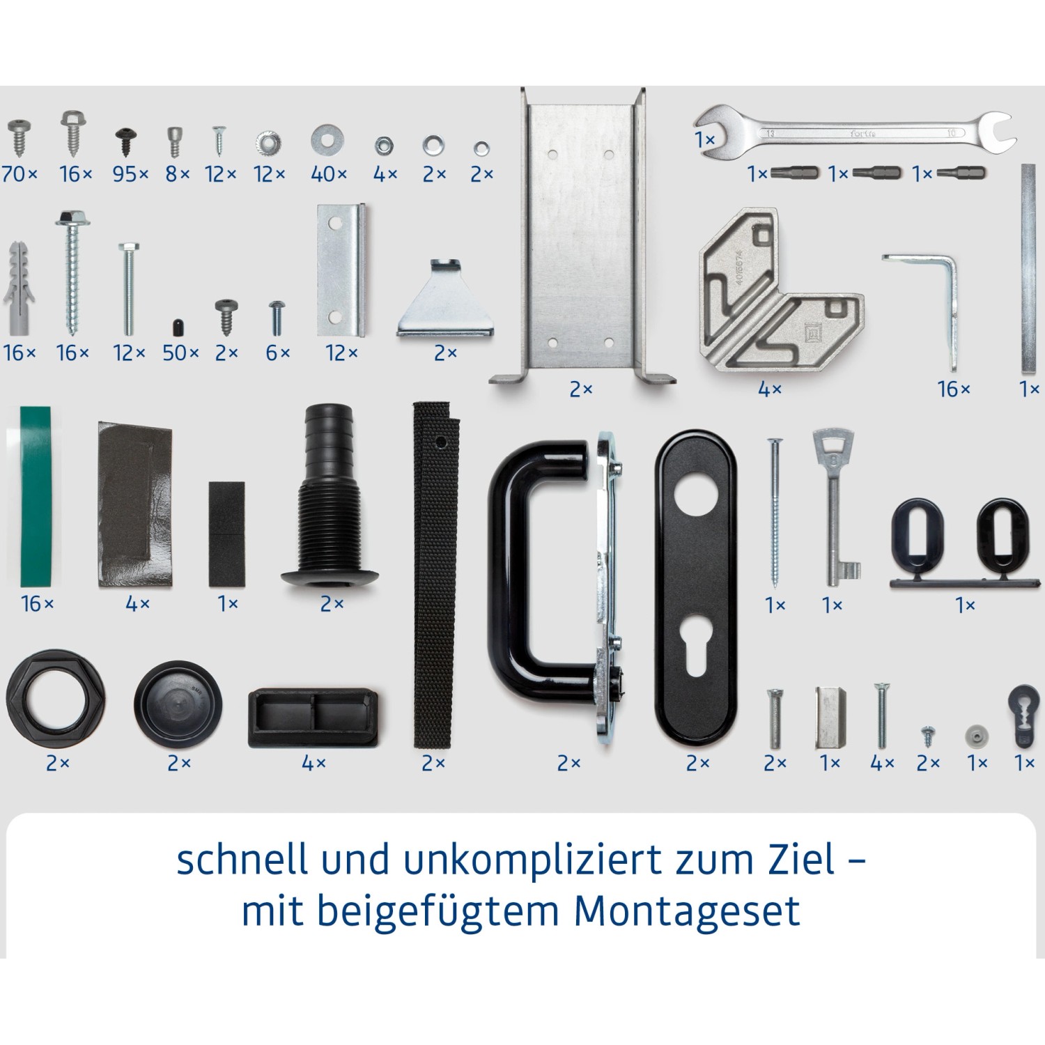 Montageset für Ecostar Gerätehaus Trend Pultdach, bestehend aus Schrauben, Werkzeug und Beschlägen.