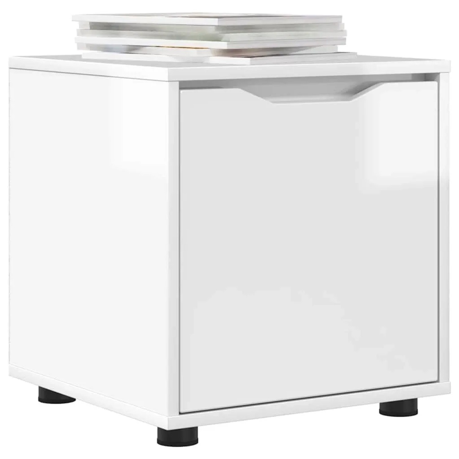 Weißer Hochglanz-Badezimmerschrank mit einer Schublade und integriertem Griff, auf schwarzen Füßen.