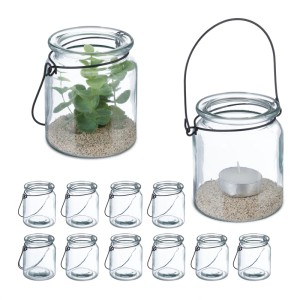 Relaxdays Windlicht Glas Transparent Schwarz 12er Set 9,5 cm x 8 cm