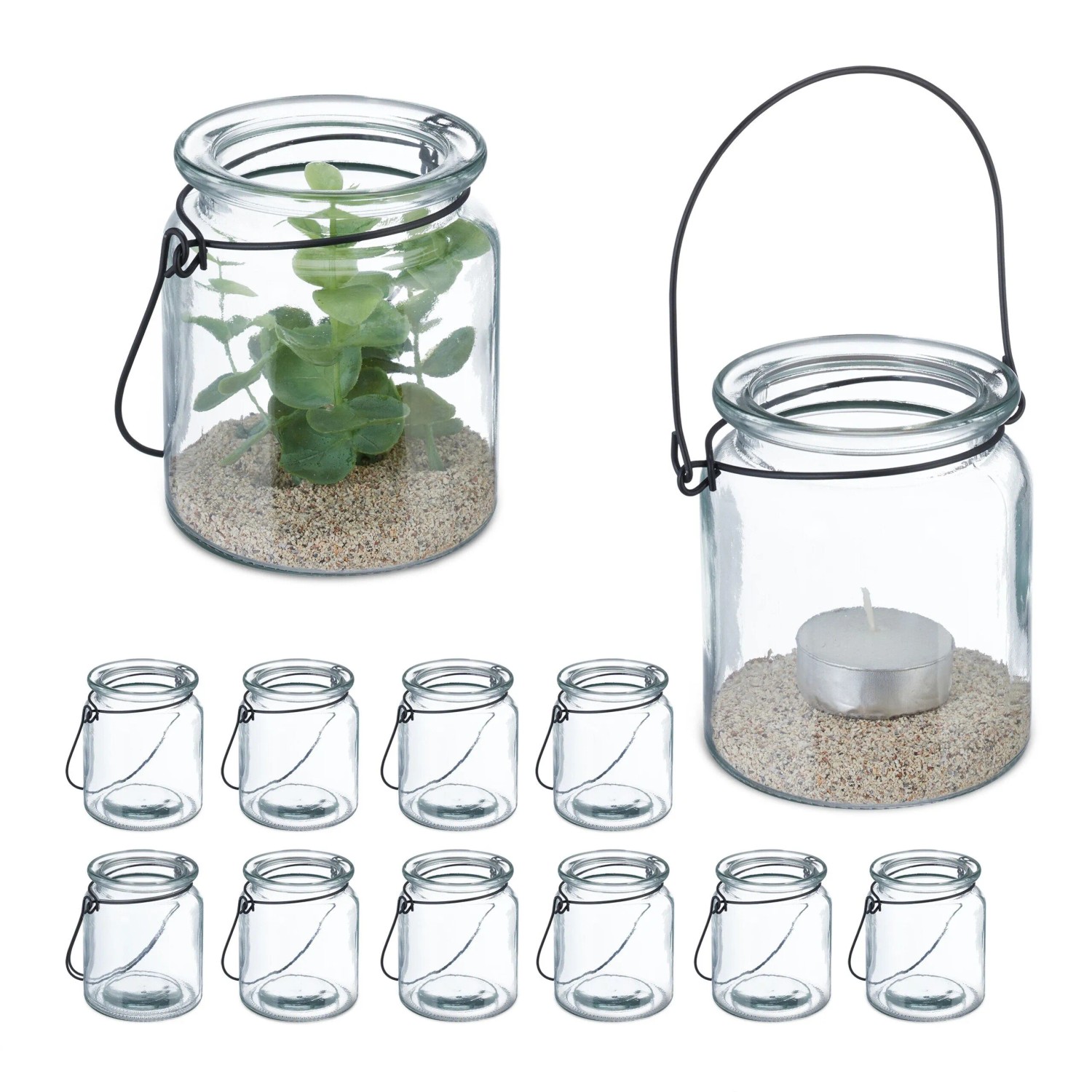 Relaxdays Windlicht Glas Transparent Schwarz 12er Set 9,5 cm x 8 cm