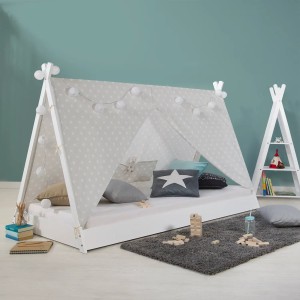 Weißes Homestyle4u Kinderbett TIPI (90x200 cm) mit Sternenzelt und Lattenrost.
