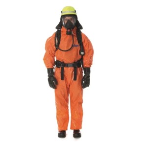 Oranger Dräger Chemikalienschutzanzug SPC 4800 mit Atemschutzmaske und Helm für Chemiearbeiten und EX-Zonen.