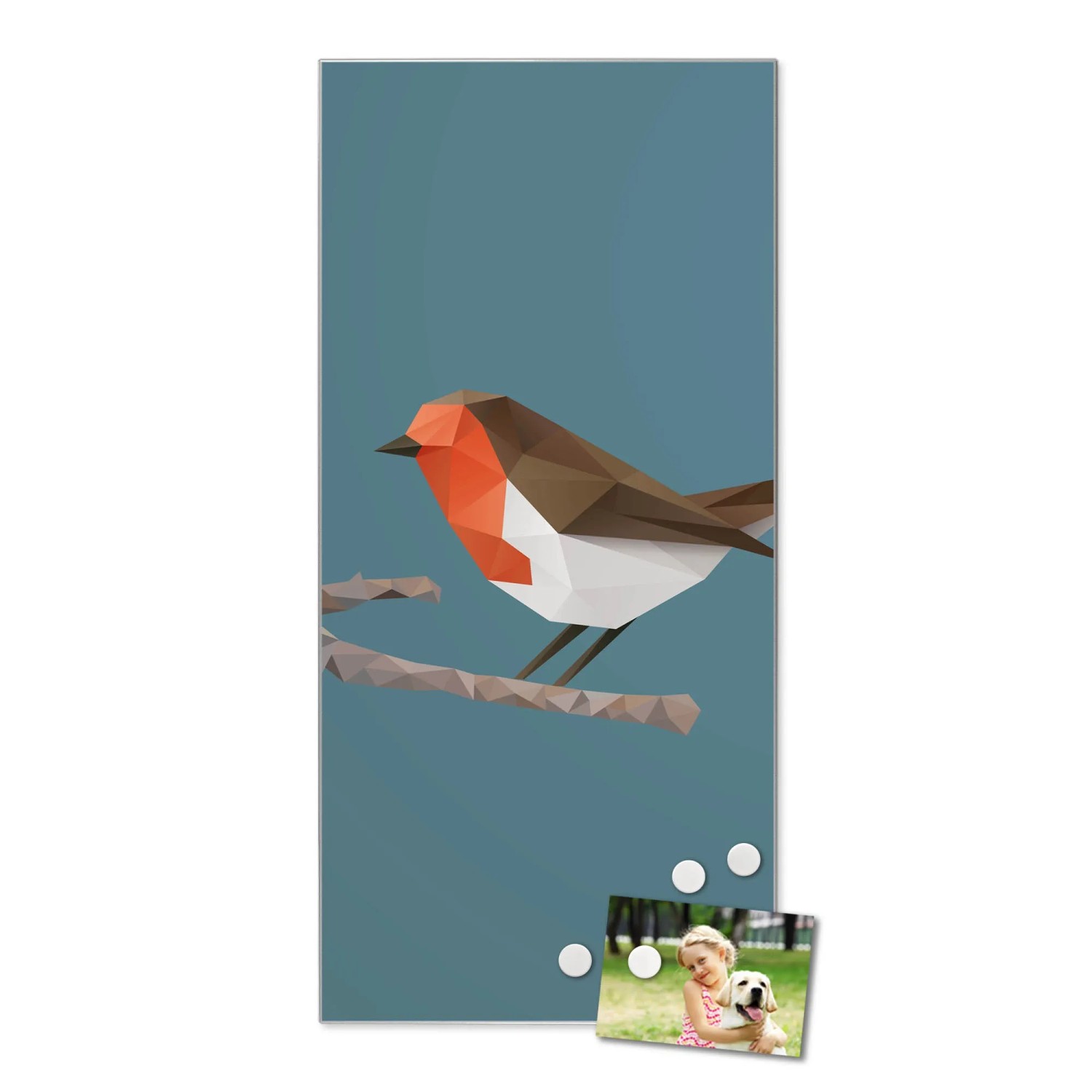 Silberne Magnettafel 37x78cm mit abstraktem Vogel als Wanddeko inkl. Magnete.