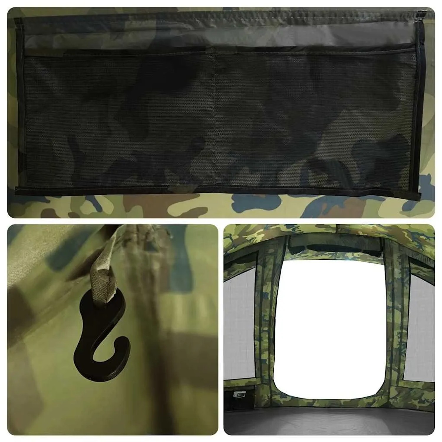 vidaXL Angelzelt für 5 Personen im Tarnmuster, Details wie Netztasche und Fenster.