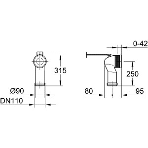 Technische Zeichnung: Grohe WC-Ablaufbogen, vertikal, mit Maßangaben.