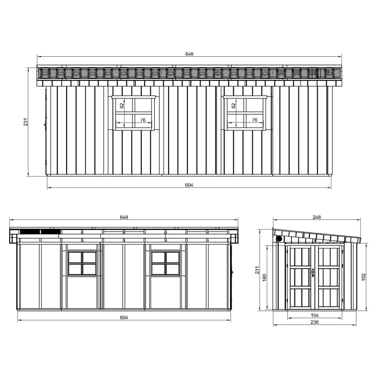 Technische Zeichnung: Timbela Premium Schuppen M941B, Holz-Gartenhaus mit zwei Fenstern und Doppeltür.